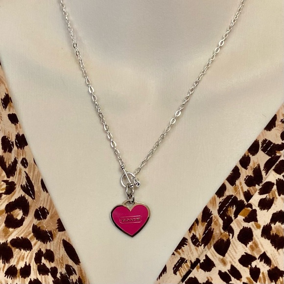 Coach, Shocking Pink Heart Enamel Silver Tone Pendant Necklace - Picture 9 of 9